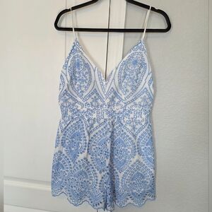 Fashion Nova White and Blue Lace Romper